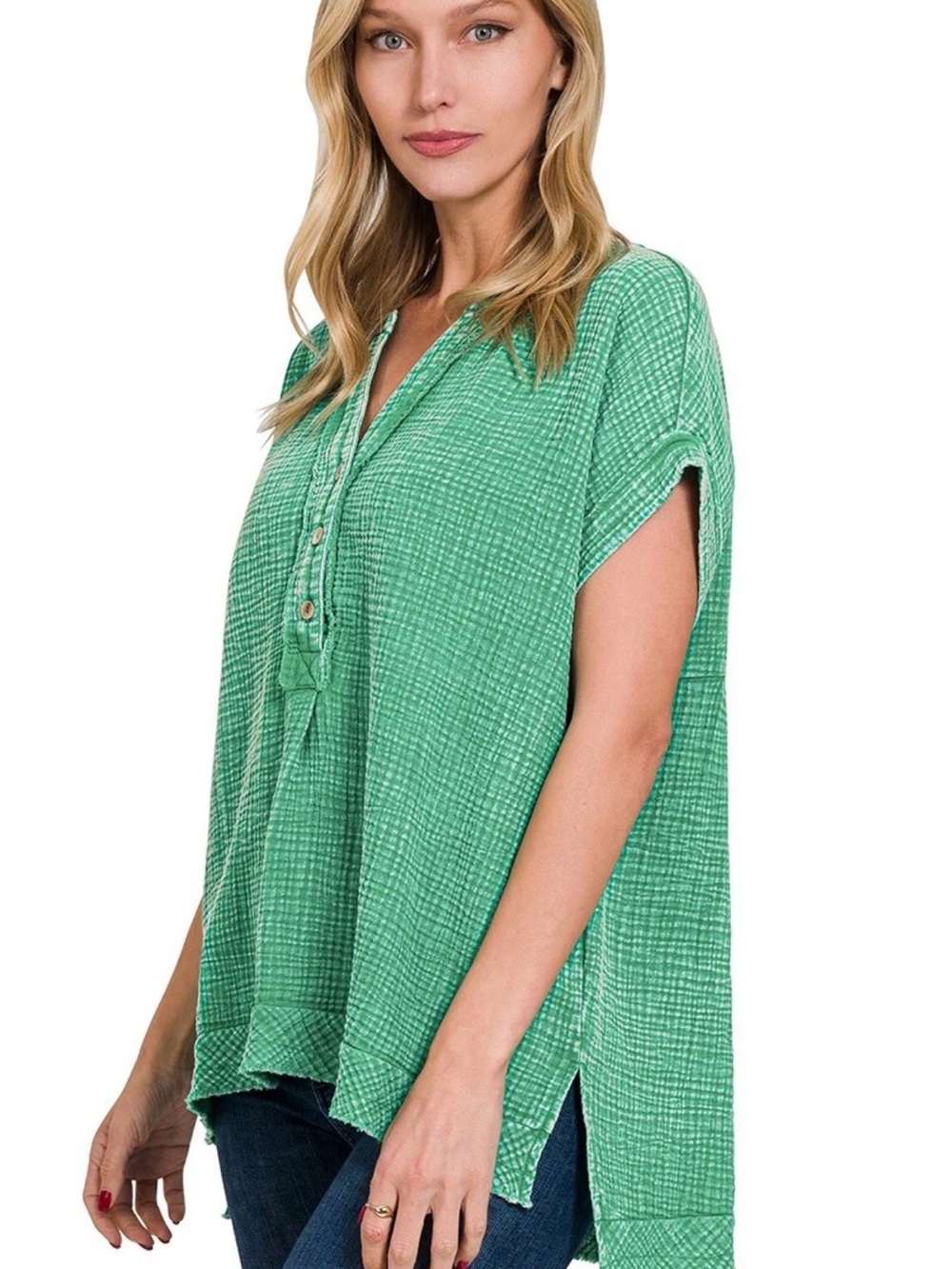 Zenana Washed Double Gauze 3/4 Button Henley Neck Shirt Kelly Green S/M New